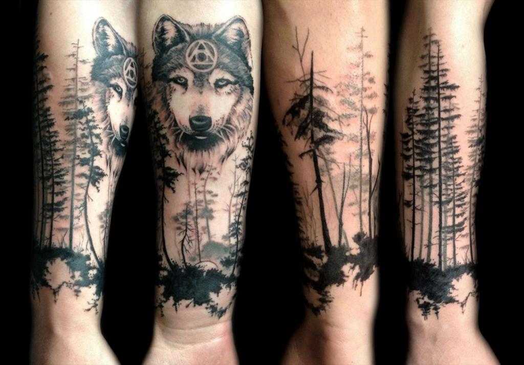 пол тату-рукава лес и волк